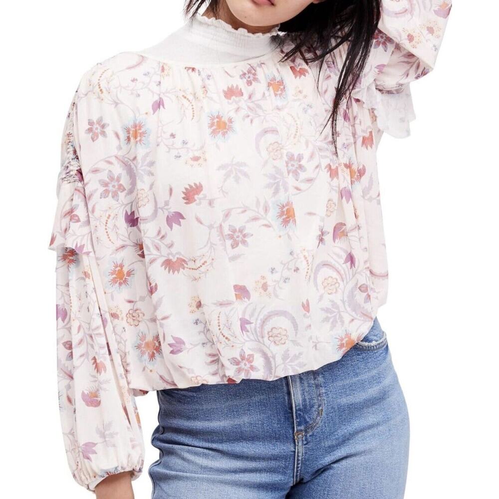 Free People Floral Wildflower Honey Blouse Top Size Large Ivory Orange Boho Fall